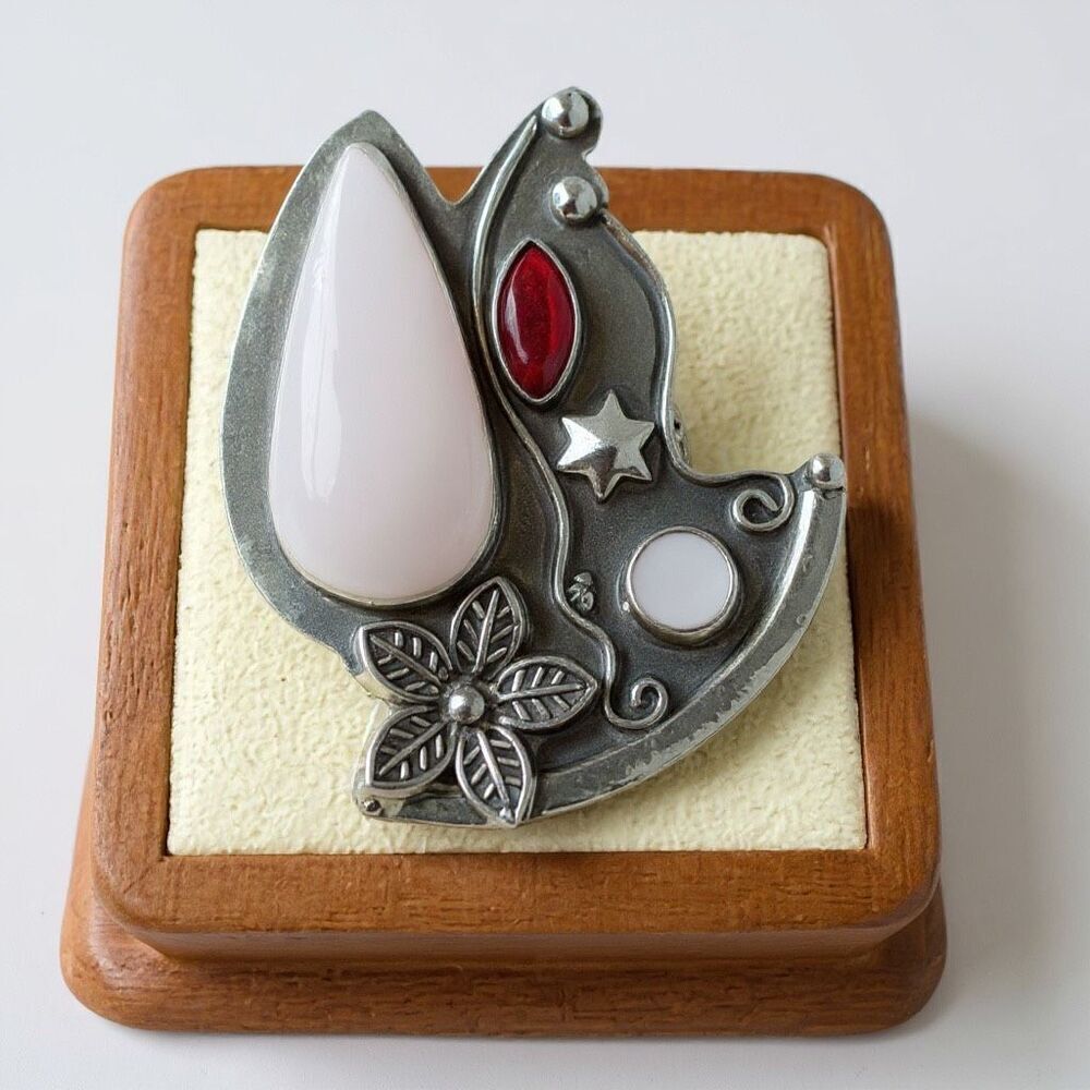 Boho Bloom Ring – Rose Quartz & Garnet Floral Statement Size 8 New *